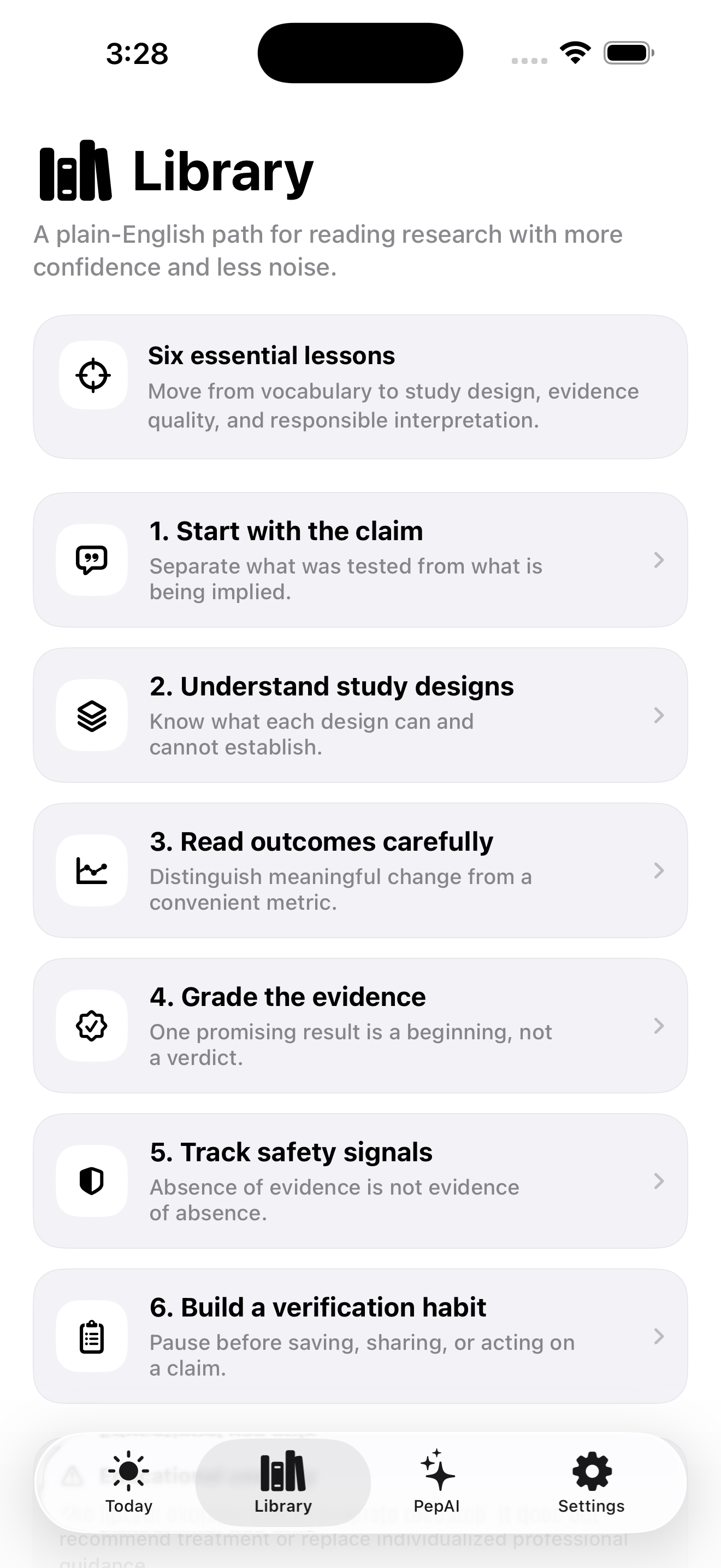 PepPlanner Library showing research literacy articles