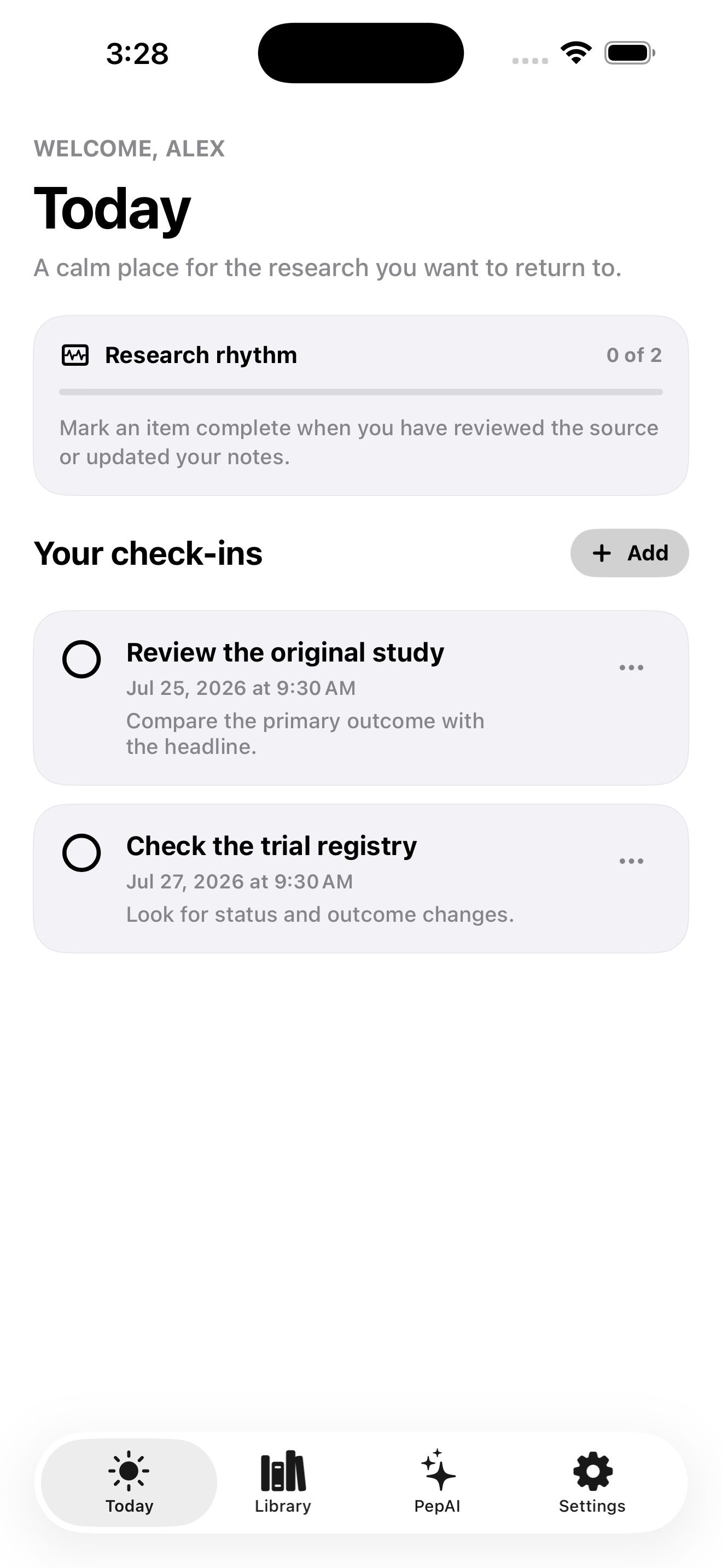 PepPlanner Today screen showing two user-entered research check-ins